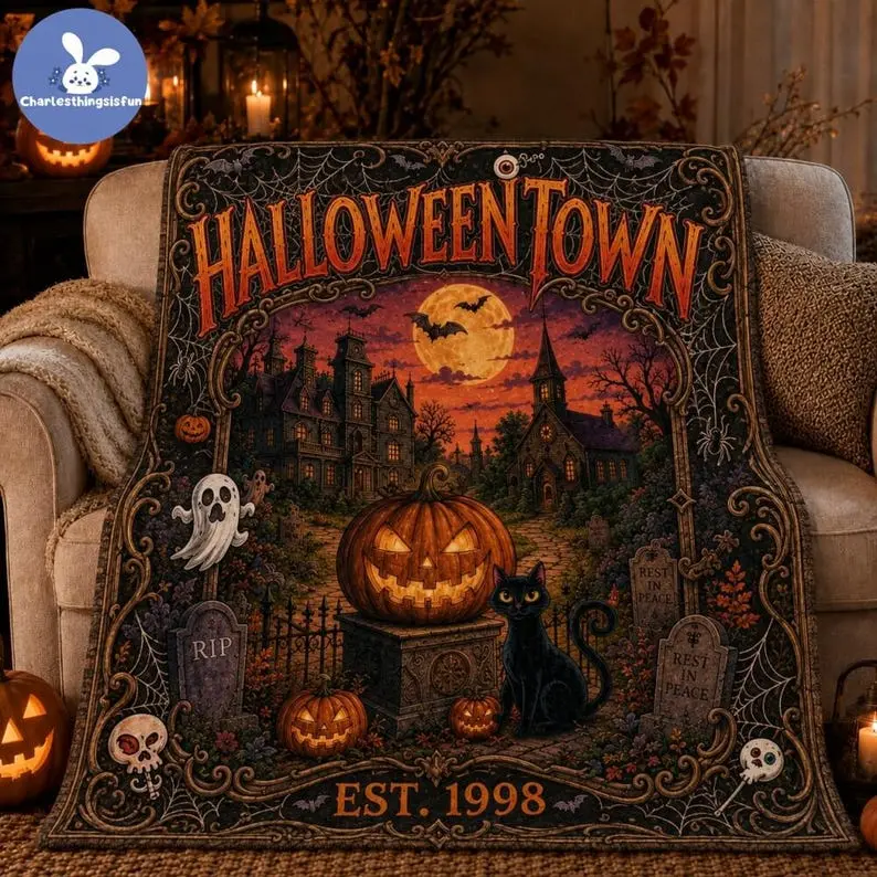 Vintage Halloween Town Fleece Blanket, 1998 Inspired Halloween Movie Throw, Pumpkin Witch Ghost Blanket, Cozy Fall Decor, Movie Fan Gift