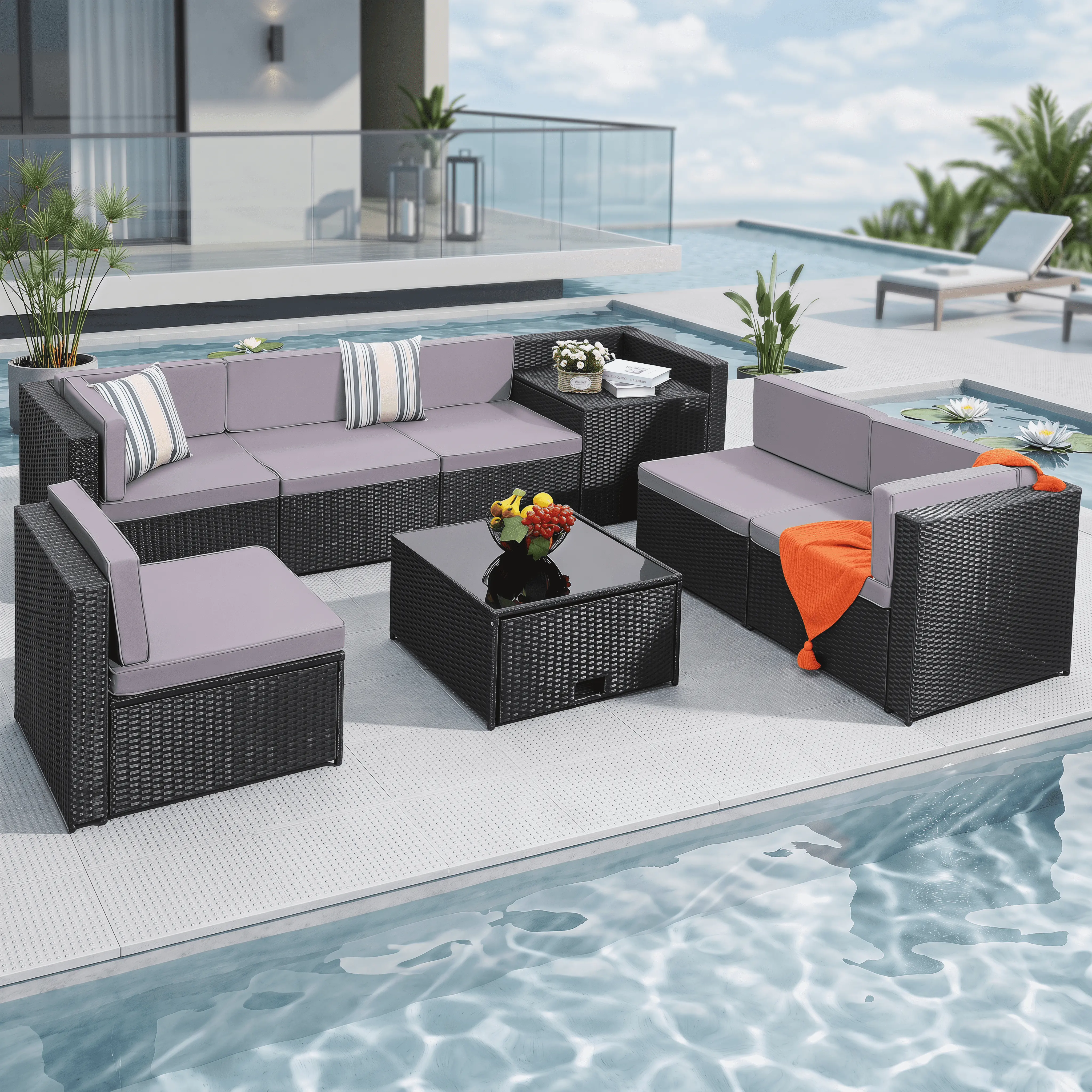 All-Weather 8-Piece Outdoor Rattan Furniture Set with Removable Black Cushions & Tempered Glass Table, Modular Patio Conversation Set, Patio Furniture Sets, Outdoor Furniture Sets summergarden