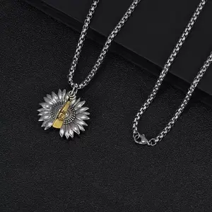 Creative Openable Sunflower Pendant Necklace" You Are My Sunshine" Pendant with Engraved Message, Fashion Vintage Flower Pendant Healtfelt Charming Elegant Jewelry