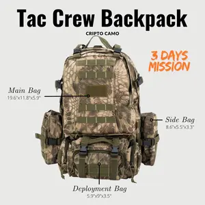 Tac Crew 3-Day Mission Military MOLLE Backpack | Heavyweight Webbing | Detachable deployment pack, two side bag | Camping, Tracking