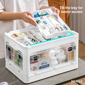 Household multi-direction opening foldable large-capacity medicine box — transparent, visible layered design with a portable handle; space-saving organizer for medicines/miscellaneous items