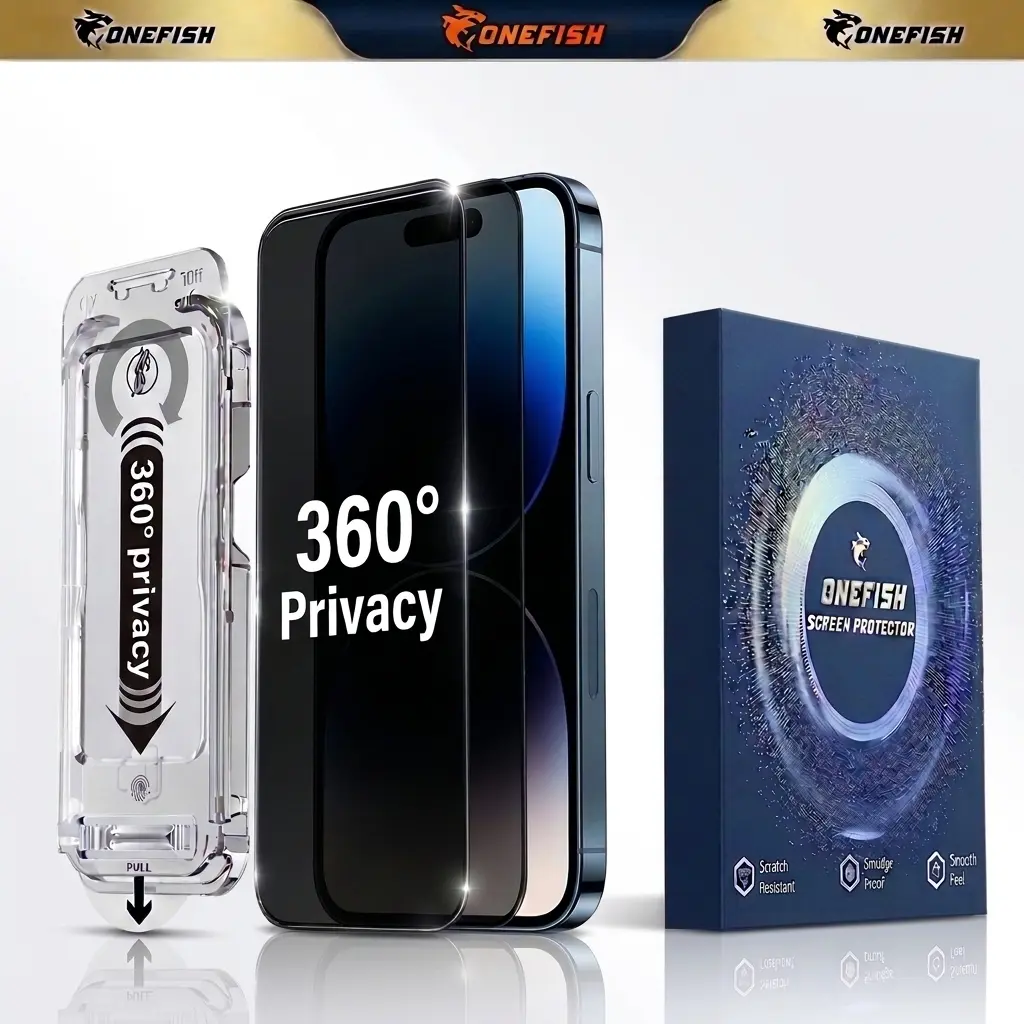 ONEFISH 2-Pack Customized 360° Privacy Screen Protectors for iPhone 17 Pro Max - Electroplating Oleophobic Drop-Ready Glass Layer, Fingerprint-Proof, Shockproof Protection Accessories