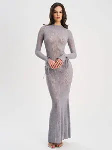 Waylynn Gray Animal Print Burnout Velvet Detail Mesh Backless Maxi Dress