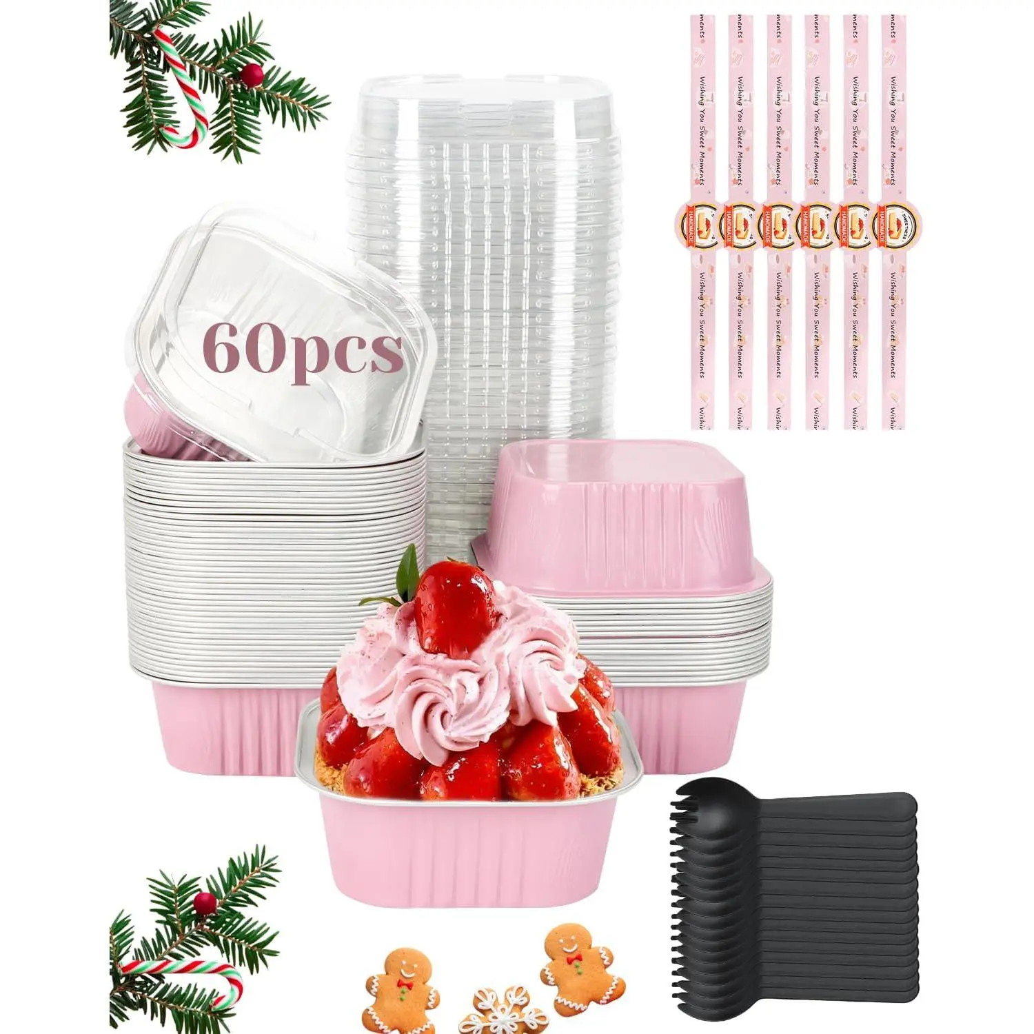 60 Pack 10oz Mini Cake Pans with , Spoons, Stickers - Disposable Square Brownie Baking Cups - Individual Small  Foil Loaf Tins for Muffin, Ramekins, Cupcake - Catering, ,