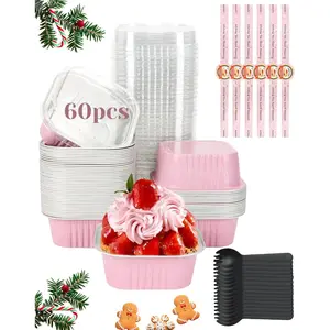 60 Pack 10oz Mini Cake Pans with Lids, Spoons, Stickers - Disposable Square Brownie Baking Cups - Individual Small Aluminum Foil Loaf Tins for Muffin, Ramekins, Cupcake - Catering, Gift, Pink