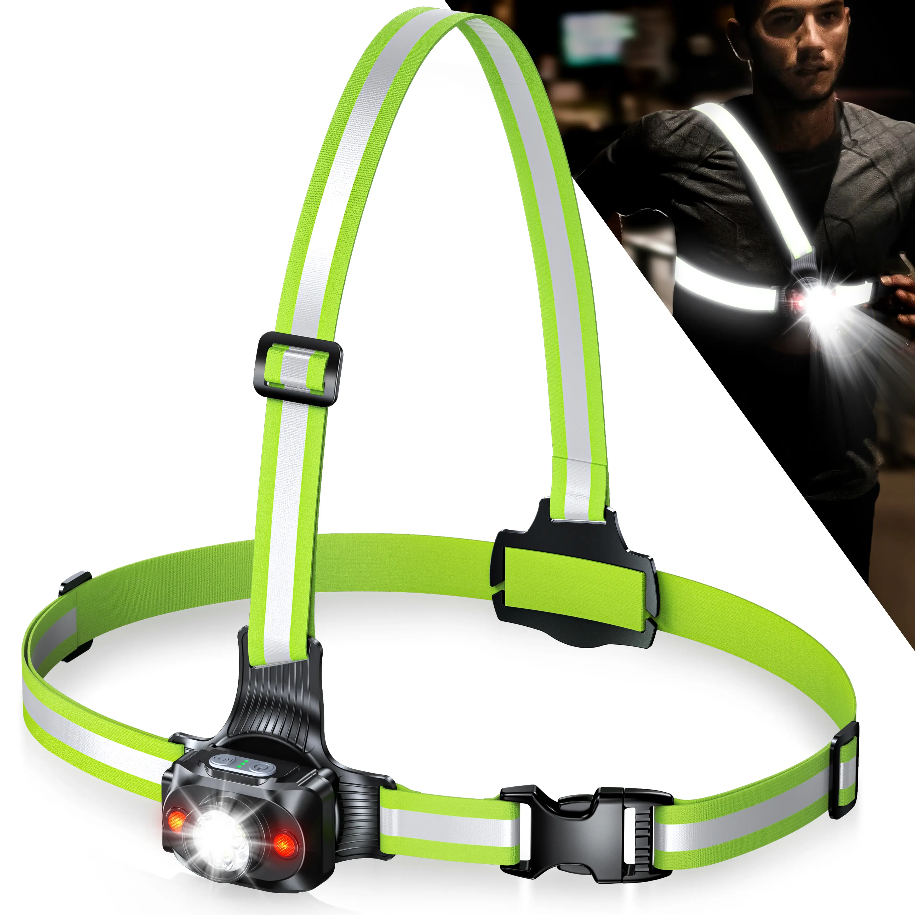 Running Lights for Runners, 500 Lumens Running Light with 45° Adjustable Tilt, 360° Reflective Vest & IPX4 Waterproof Rechargeable Light Up Gear for Night Walking/Cycling/Jogging/Hiking