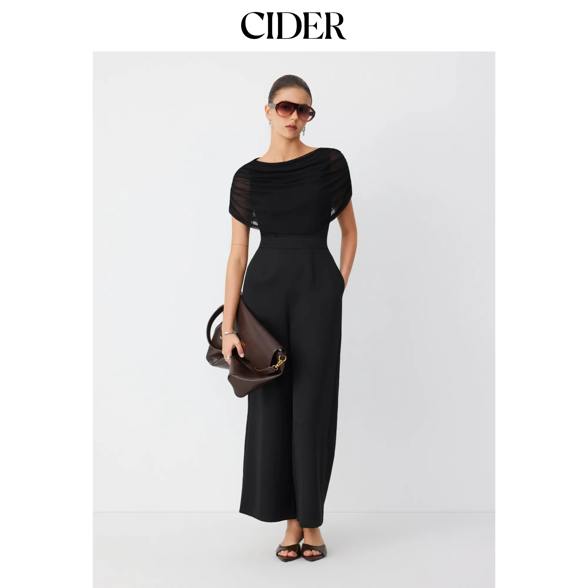 Cider Women's Chic Elegant Mesh Boat Neck Sleeveless Overall Jumpsuit - Ruched, Mid-Rise Straight Leg, Full Length, Regular Cut, Polyester Blend, Casual Chic Work Clothes