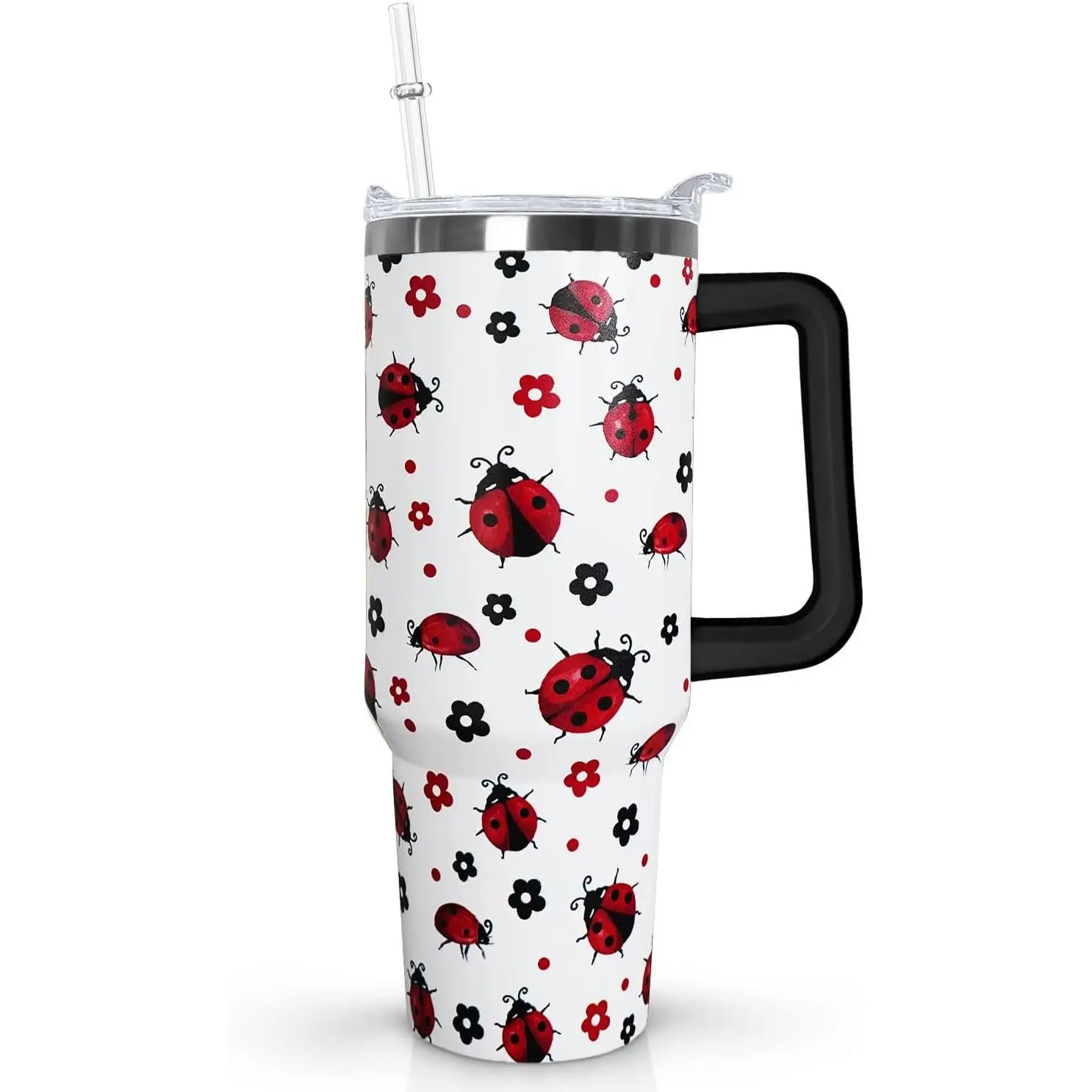 Ceovfoi 40 Oz Stainless Steel Insulated Ladybug Pattern Mug - Cute Vacuum Flask Water Bottle, Portable Travel Coffee Tumbler with Handle, Silicone Straw Set, Lid, Strawberry Decor, Women's Valentine Birthday Gift, Water Bottles