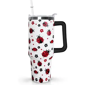 Ceovfoi 40 Oz Ladybug Tumbler With Handle - Coffee Travel Mug Cup Water Bottle, Strawberry Decor - Gifts for Women