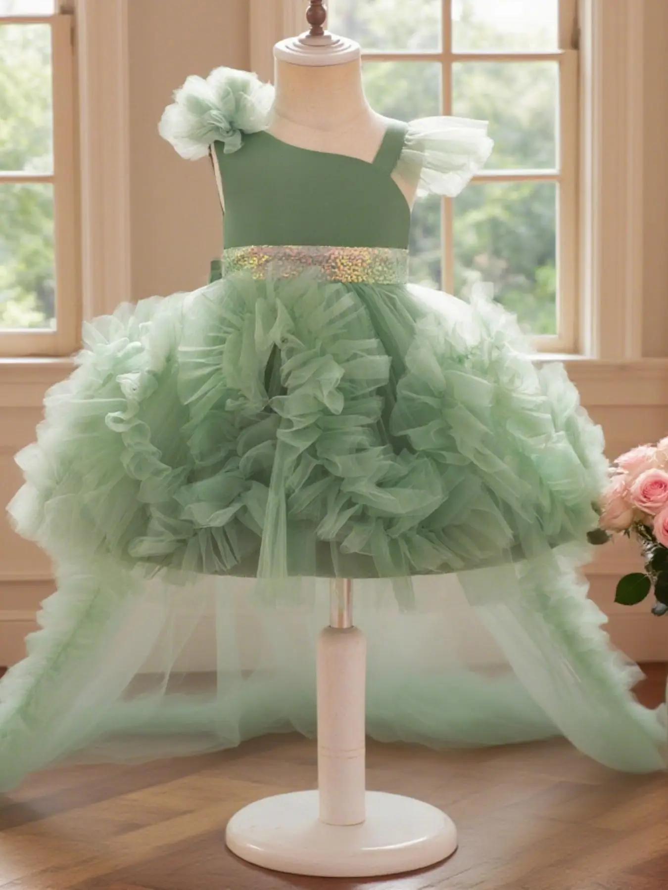 Girl's Contrast Mesh Big Bow Decor Fit and Flare Dress, Elegant Asymmetrical Neck Cap Sleeve Dress for Party Wedding Guest, Kids Clothes for All Seaso