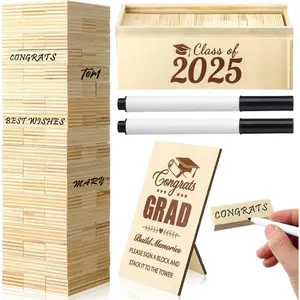 Class of 2025 Graduation Guest Book Alternative - 54 Pcs Wooden Block Guest Book for Graduation Sign in Wooden Memory Keepsake Box with Sign Pens for Party Favors Decorations