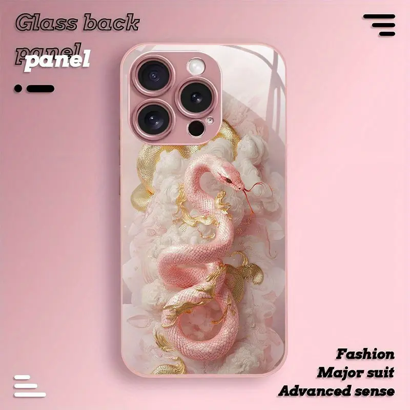 Noble White Snake Design Pattern Niche Pink Metallic Paint Phone Case for iPhone 16/16 Pro/16 Plus/16 Pro Max/16e/15/15 Pro/15 Pro Max/14/14 Pro/14 Plus/14 Pro Max/13/13 Pro/13 Pro Max/13/12/11/XR/XS/X Anti-drop Reinforced Full-Coverage Tempered Glass Pro