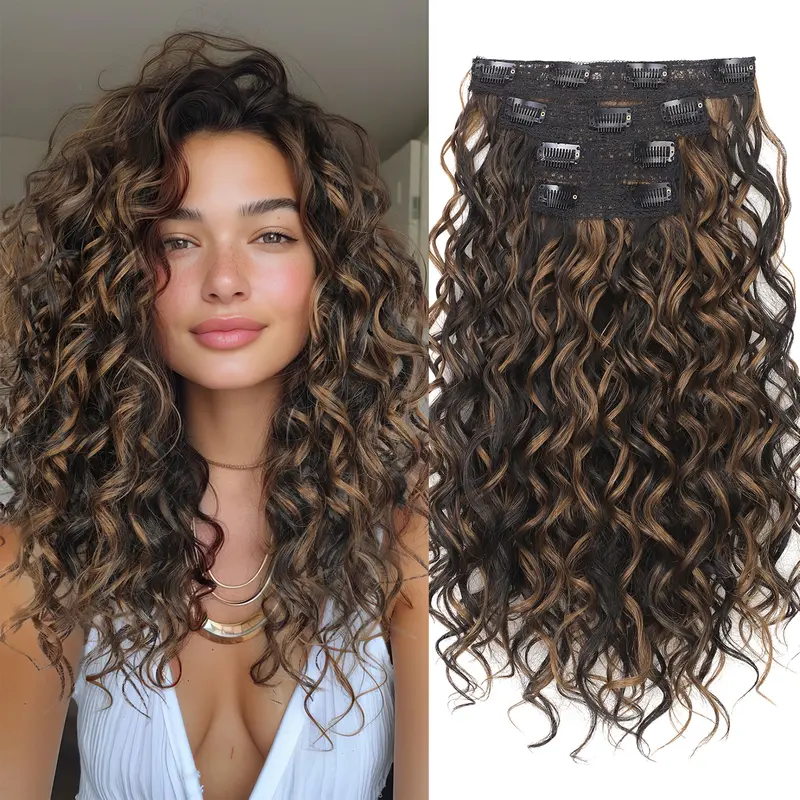 Sohochic AISI HAIR Women's Clip in Hair Extensions - 4PCS 16in Curly Wave, Soft Synthetic Fiber, Heat Resistant, Natural Lace Weft, Tangle-Free Curls, Secure Clip Hold, Accessories for Women (Everyday & Graduation Use)