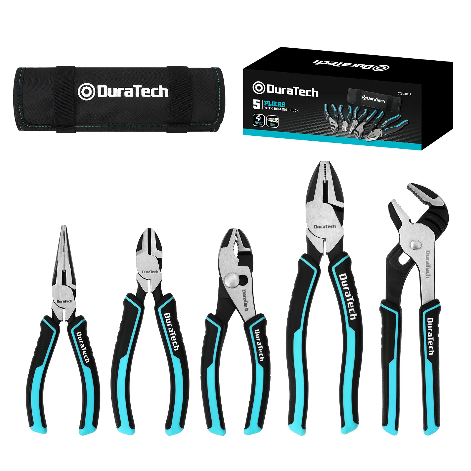 #fathersdaygift DURATECH 5-Piece Cr-Ni Pliers Set, 6" Long Nose, Slip Joint, Diagonal Cutting, 8" Linesman, Groove Joint Pliers, Easy Storage Oxford Rolling Pouch