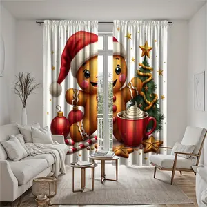 2pcs Christmas Curtains - Gingerbread House, Candy Canes, Stars - Semi-Sheer Window Drapes for Living Room, Bedroom, Kitchen - Machine Washable Polyester Holiday Decorations (Red, Golden, White) - Easy Rod Pocket Hanging - Festive Window Treatments