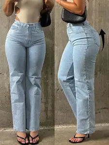 Spring Summer Fashion Casual Fitted Light Blue Denim Straight Leg Pants for Women, Comfortable Elastic Waist Jeans for Daily Wear Womenswear