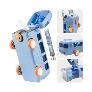 Blue Bus Water Bottle Car Straw Water Cup 17oz Portable Bus Shaped Water Bottle with Strap Cute Drinking Jug with Wheels Leakproof for School