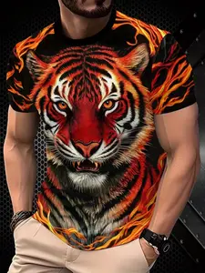 Men's Short Sleeve T-Shirt with Flame Tiger Print, 3D Fashion Top, Casual Long Jersey, Fitted H-Type Silhouette, Trendy Leisure Wear, Graphic