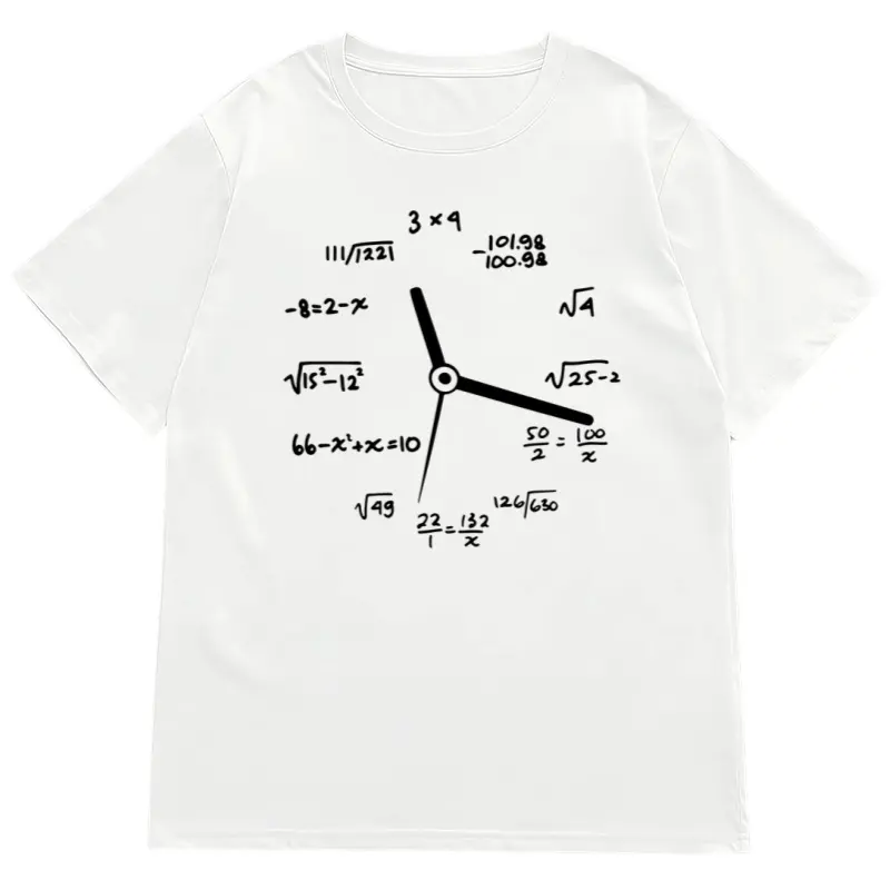 Women's Math-Themed T-Shirt with Clock & Formula Print - Round Neck Short Sleeve Casual Top Suitable for Science Parties, Events, Gifts, Casual Attire - Machine Washable Geeky Outfits for Math Lovers