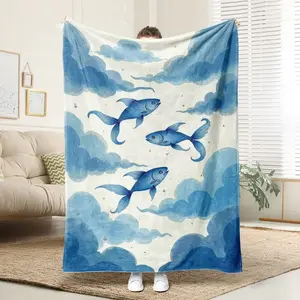 1 Comfortable Cloud Fish Swimming Flannel Blanket, Soft Printed Cooling Blanket, 100% Polyester Fiber, Perfect Gift For Family And Friends
