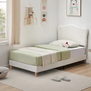 Chic Upholstered Platform Soft Headboard,  Bed Frame for Kids – Cute Boucle Soft Headboard, Wooden Slats, No Box Spring Needed, Noise-Free, Easy Assembly, Mattress Foundation – White, TWIN