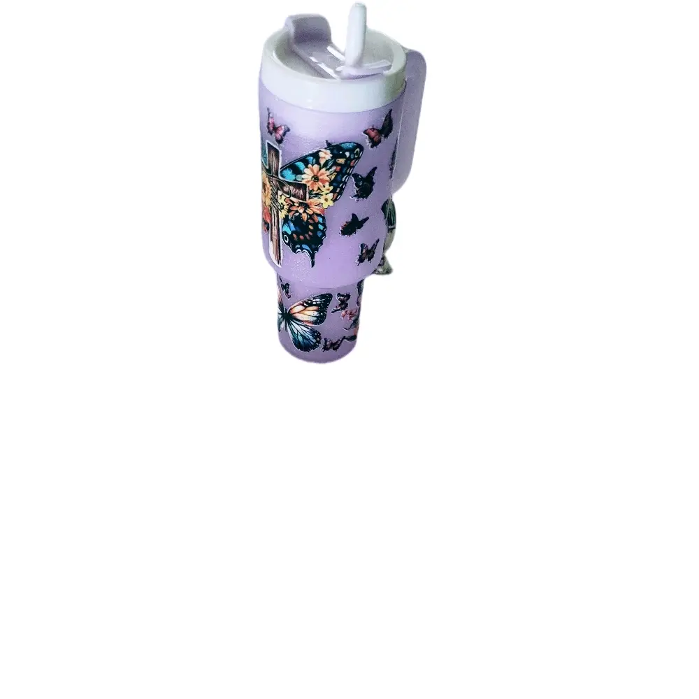 Purple Cross Mini Tumbler Keychain with Butterfly Design and White Lid