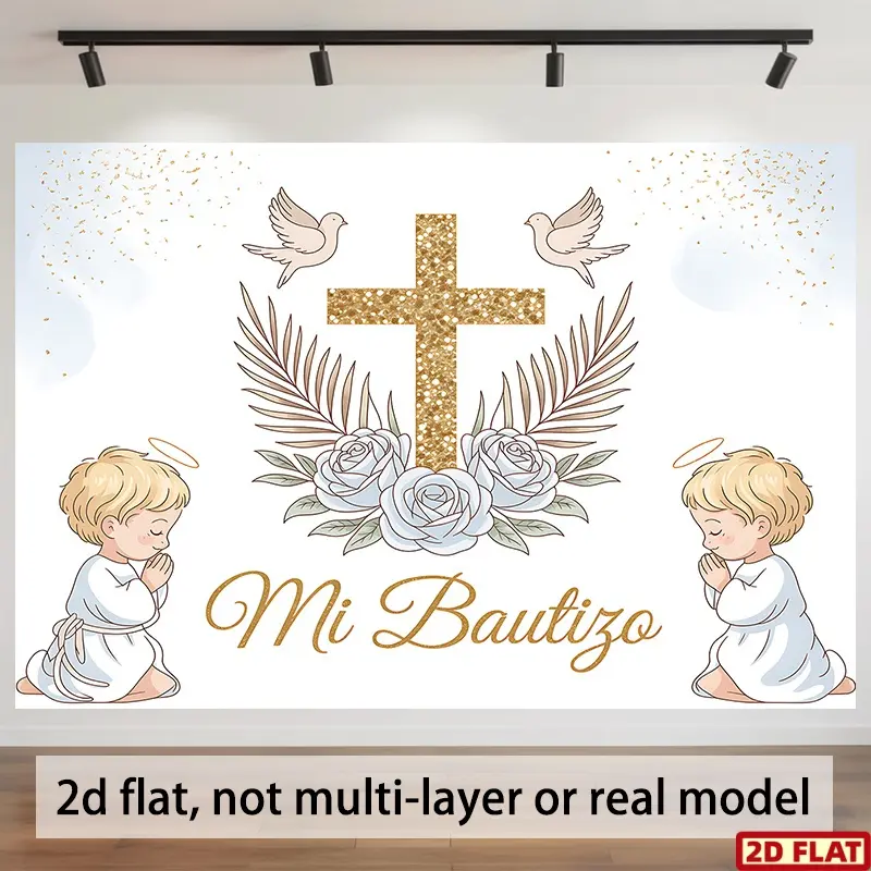 2D Flat Banner, 1pc Angel-Themed Baptism Christening Decorative Banner & Card Suitable for Religious Decorations, Showers, Party Decorations Banners, Angel Wings, Fabric, Multi-Use for Parties & Home Decorations