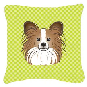 Carolines Treasures  Checkerboard Lime Green Papillon Fabric Decorative Pillow- 14 x 14 In.