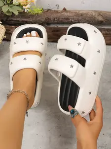 Women's Summer Sandals, Thick Sole Height-Boosting Slippers, Star Decoration Dual Strap Design, Anti-Slip Soft Bottom, Casual Outdoor Wear