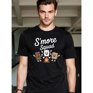 Men's Smore Squad Campfire T-Shirt - 100% Cotton Crew Neck Short Sleeve Tee with Smores & Fire Pit Design, All-Season for Outdoor Camping