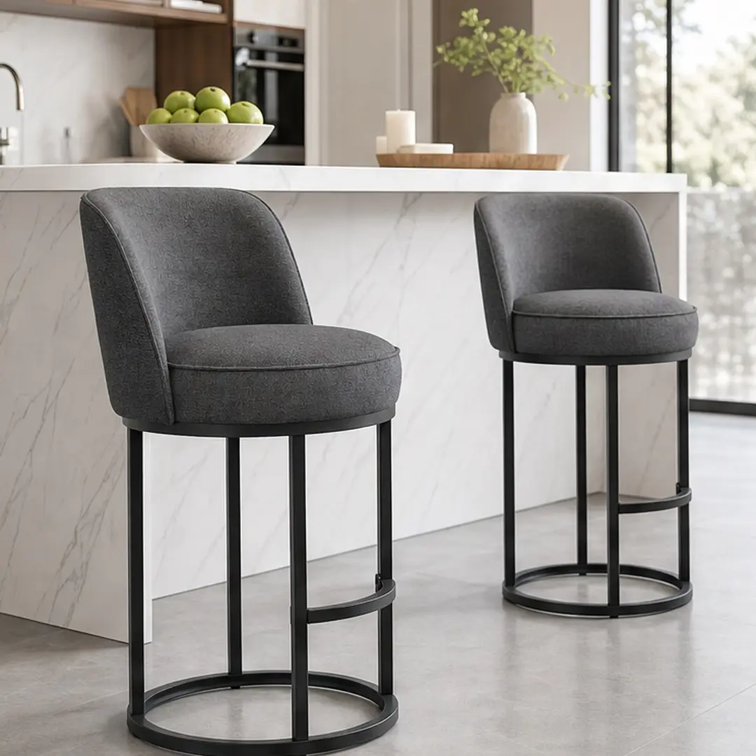 ARCH Counter Height Bar Stools Set of 2, Modern Barrel Stools with Backrest, Linen Fabric Upholstered Accent Stools for Kitchen Island, Gray/Beige/Black/Orange/Wine Red Options, Beige/Black/Gray/Orange Color Options, Linen Material