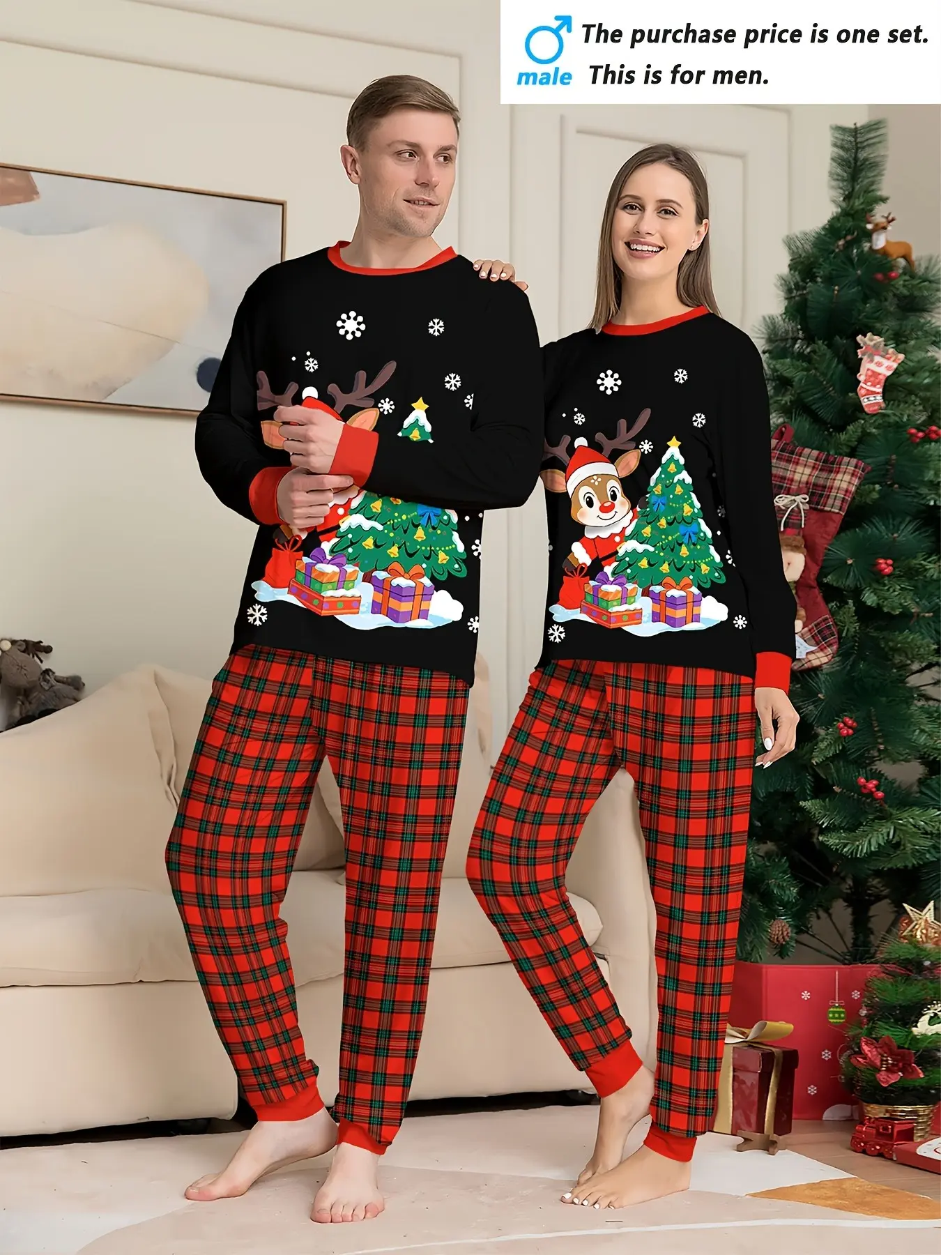 Couple Christmas long-sleeved trousers loungewear pajamas pajamas set, Christmas elk Christmas tree and Christmas gift box decoration combination printing elements, crew neck design, Christmas set, men's or women's, single set