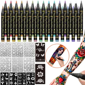 Temporary Tattoo Markers for Skin, 10/15/30-Count Body Markers Tattoo Pens, Tattoo Stencils, Flexible Brush Tip, Bright Colors, Face Paint Kit (Cosmetic Quality) - Perfect for Halloween, Christmas, New Year, and Festival Decorations.