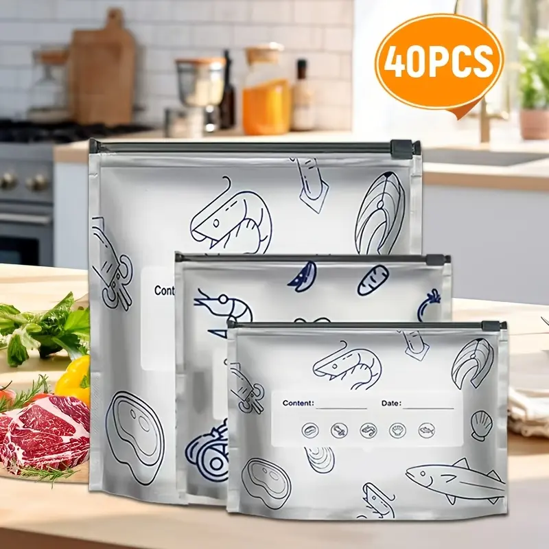 40PCS Reusable Aluminum Foil Storage Bags, Leakproof Zipper Food Storage Bags for Freezer & Refrigerator, Reusable Food Saver Bags for Meat, Vegetables & Leftovers