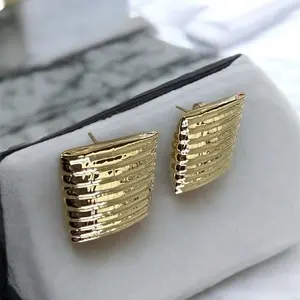 14k Rectangular Ribbed Earrings in 14k Laminated Gold - Elegant Design with Ribbed Texture