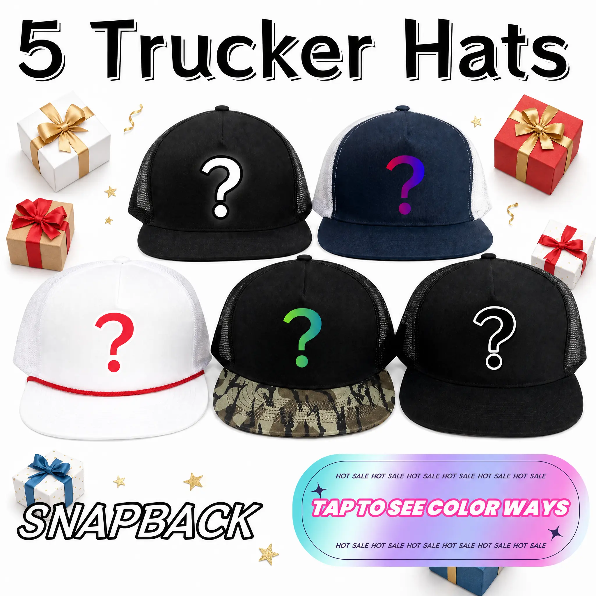 Unisex 5-Pack Polycotton Snapback Truck Driver Hats - Mens Hats with Embroidery Mix, Mystery Choice for Daily Wear, Holiday Gifting