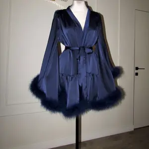 High-Quality Satin Sleep Dress with Plush Lining, Women's Tie-Back Home Robe, Short Wedding Morning Gown for Brides