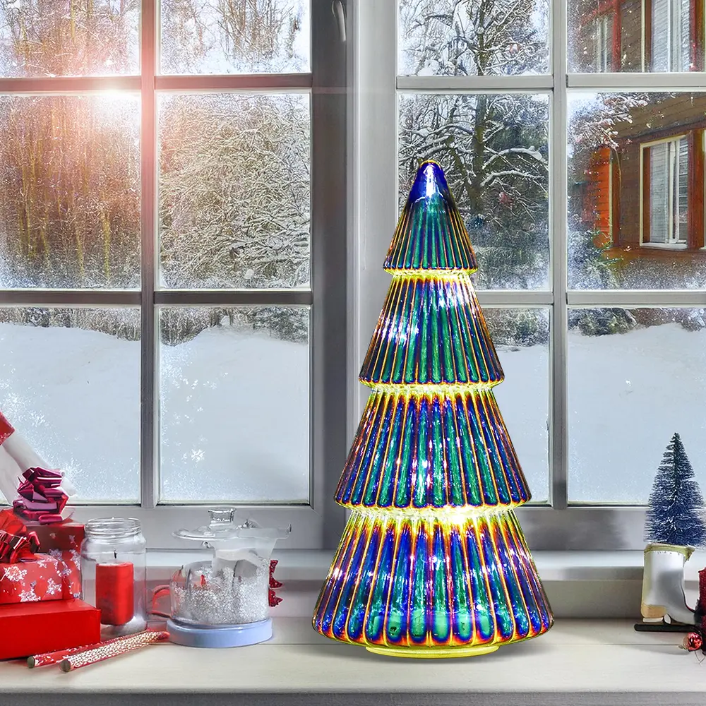 8-Inch Battery-Operated Iridescent Lighted Glass Christmas Tree, Tabletop Xmas Decor with Timer, Vintage Ribbed Glass Holiday Centerpiece for Mantel Shelf, 1-Pack