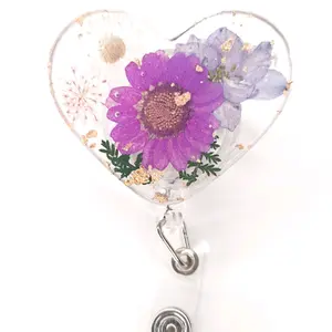 Purple heart shaped flower resin - retractable badge holder - badge reel - flower reel - cute gift - co workers friends family gift - alligator clip -healthcare worker badge reel - all professions - name tag holder