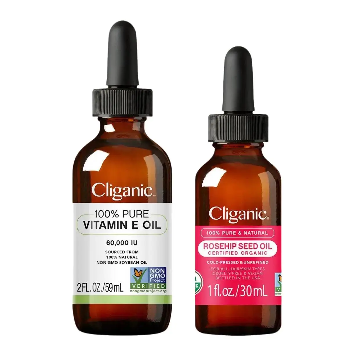 Cliganic 100% Pure Vitamin E & Rosehip Seed Oil Bundle | Organic Moisture Hydrating Age-Defying Essentials Duo Lightweight Moisturizer & Repairing Serums