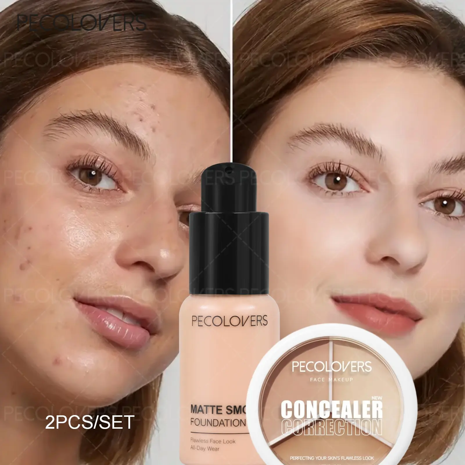 2pcs/set Full Coverage Foundation & 3-Color Concealer Palette - Waterproof And Long-Lasting Matte, Perfectly Conceals Dark Circles And Blemishes, Natural End - Suitable for All Skin Types, Natural Matte Foundation | Liquid Foundation