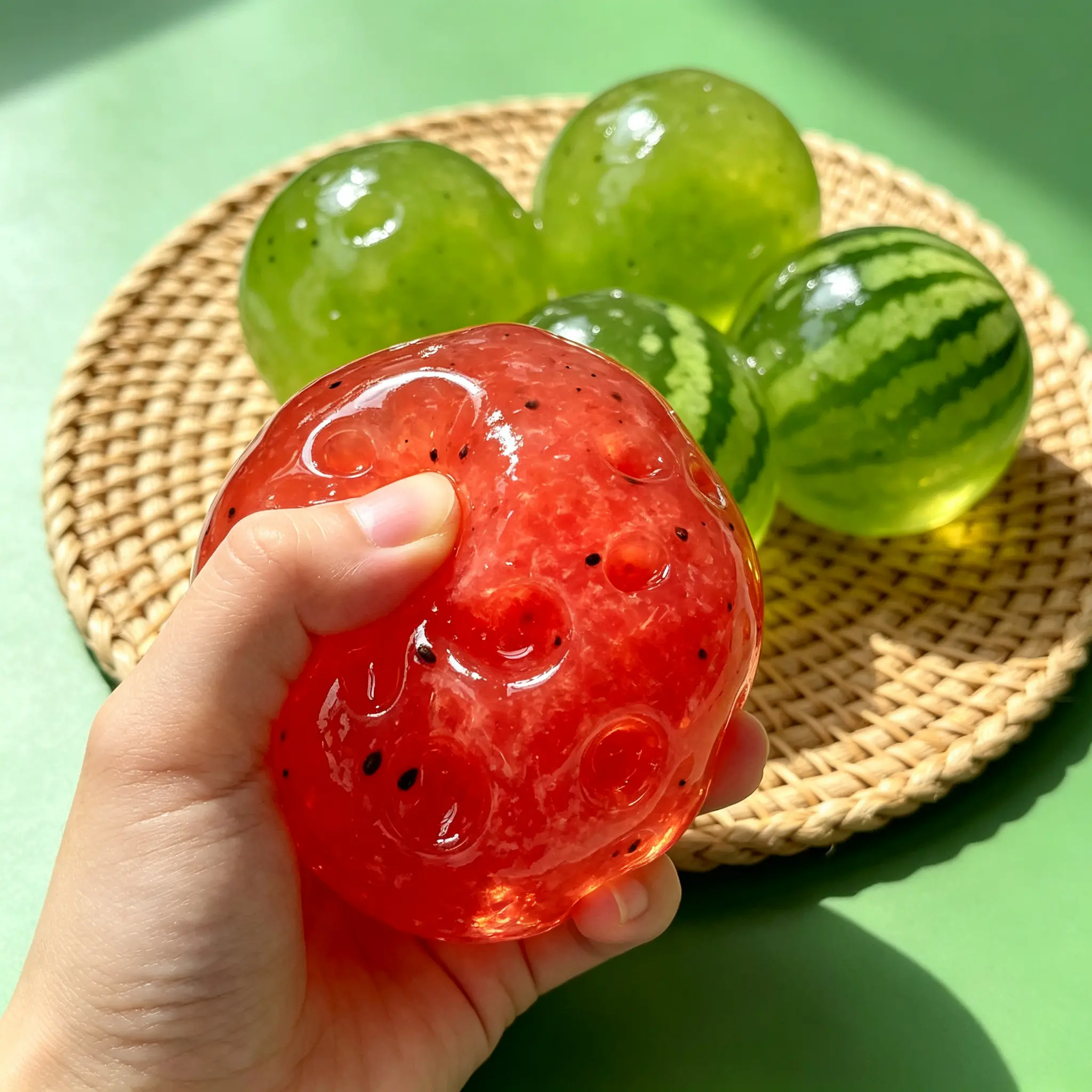 Rocket Watermelon Slushy Squishy Toy, Ultra Stretchy Seeded Gel Stress Relief Ball, ASMR Sensory Squeeze Fidget for Kids & Adults (Red & Green)
