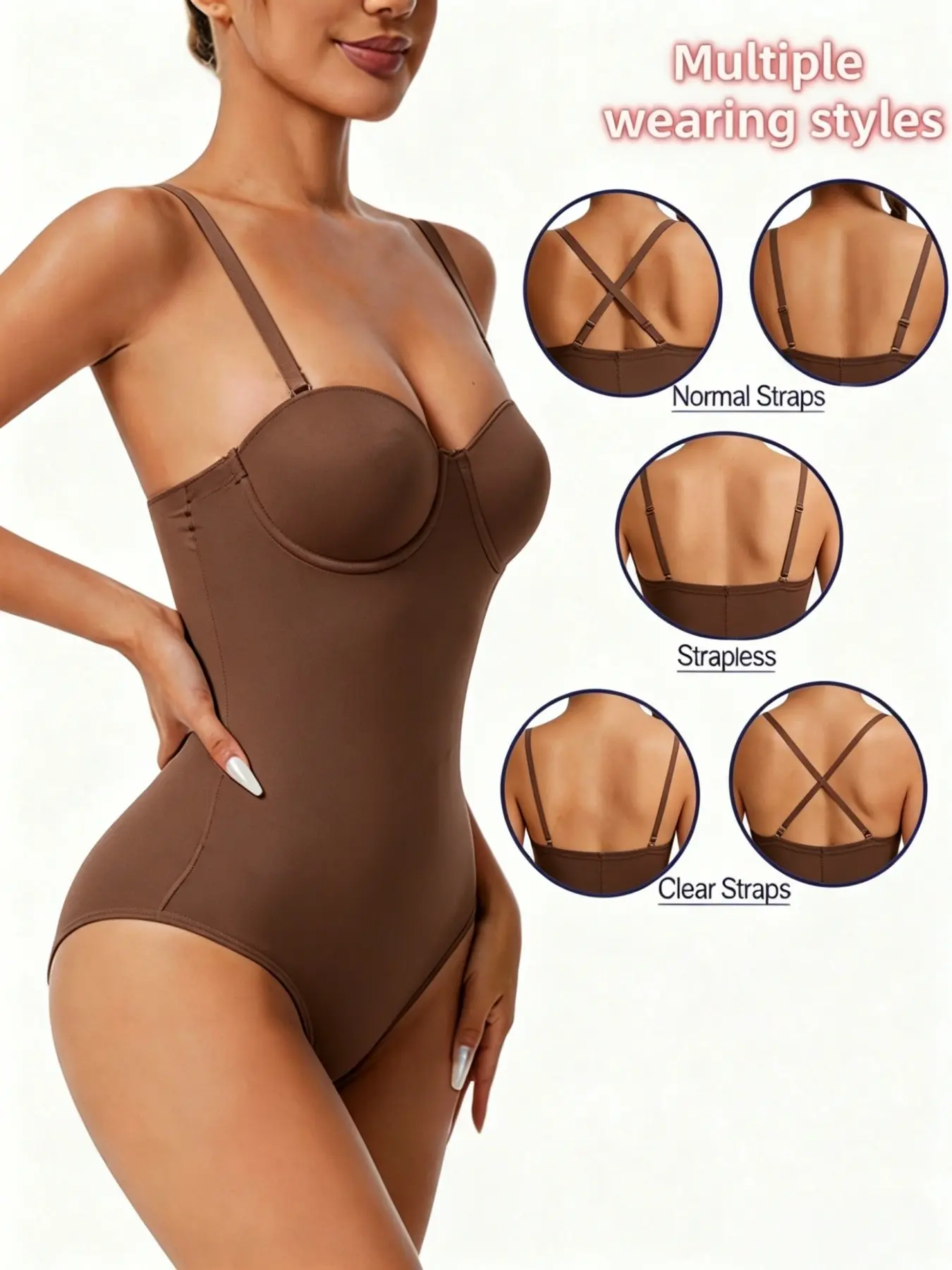 Women's Bodysuit with Detachable Straps, Adjustable Shoulder Straps, Waist Cincher, Transparent Straps, Bridal Gown Underwear, Control Shapewear, Body Shapers, Smooth, Womenswear