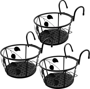 Hanging Rail Planter Baskets Wrought Iron Hanging Flower Baskets for Home Balconies, Iron Products for Home Grown  (Black)