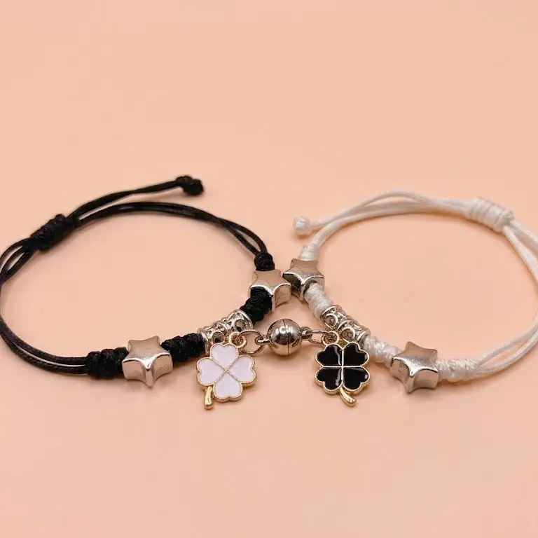 Magnetic Couples Bracelets Matching Four Leaf Clover Friendship Bracelets Mutual Attraction Braided Rope Cord Bracelet Set for Boyfriend Girlfriend Long Distance Relationship Jewelry Gift Black White 2Pcs