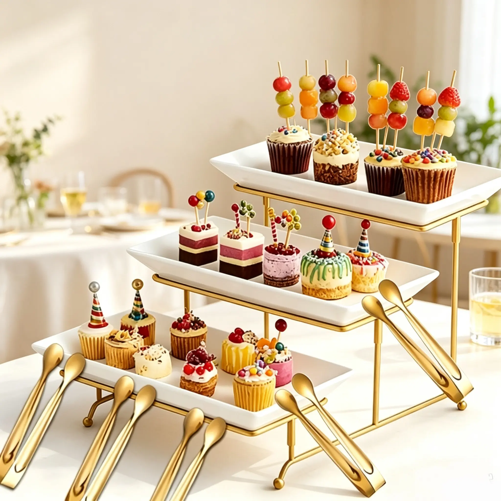 3 Tier Serving Trays for Party, 12.8 Inch Porcelain White Trays for Serving Food, Dessert Stand with Collapsible Gold Metal Rack & 5 Golden Clamp for Family Gathering, Wedding Kitchenware Tableware Shelf Racks, Cupcake Display Stands