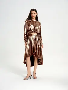 BlisSecret Copper High-Low Drawstring Hoodie & Asymmetrical Pleated Skirt