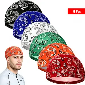 6pcs Sweat-Wicking Men's Cooling Skull Caps - Paisley Pattern, Breathable Beanie Helmet Liners, One Size Fits Most For Cycling & Running, Multicolor