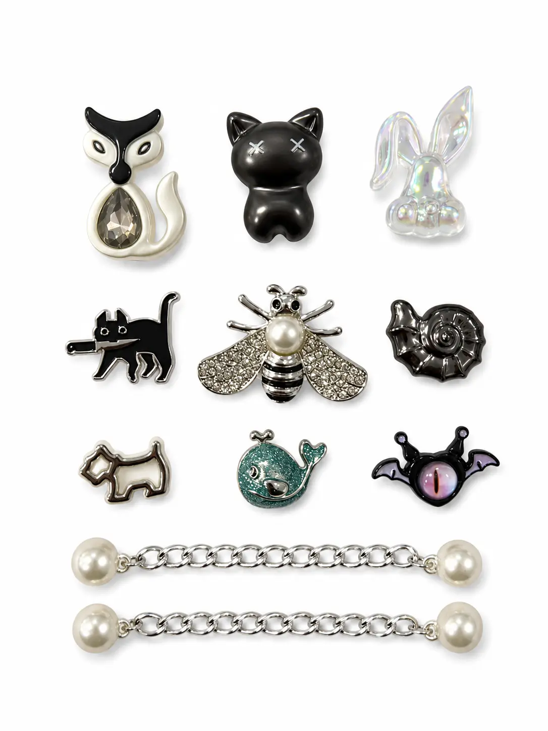 11Pcs Cute Animal Clog Sandal Charms - Iridescent Rhinestone Resin Accessories with Pearl Chains, Cat Bee Whale Bunny Bat Eye Shell Designs for Women’s Ocean, Casual, Daily & Holiday Outfits, Casual Outfits
