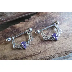 Silver Purple Crystal Gems 14G or 16G Feminine Nipple Shields Pair Set